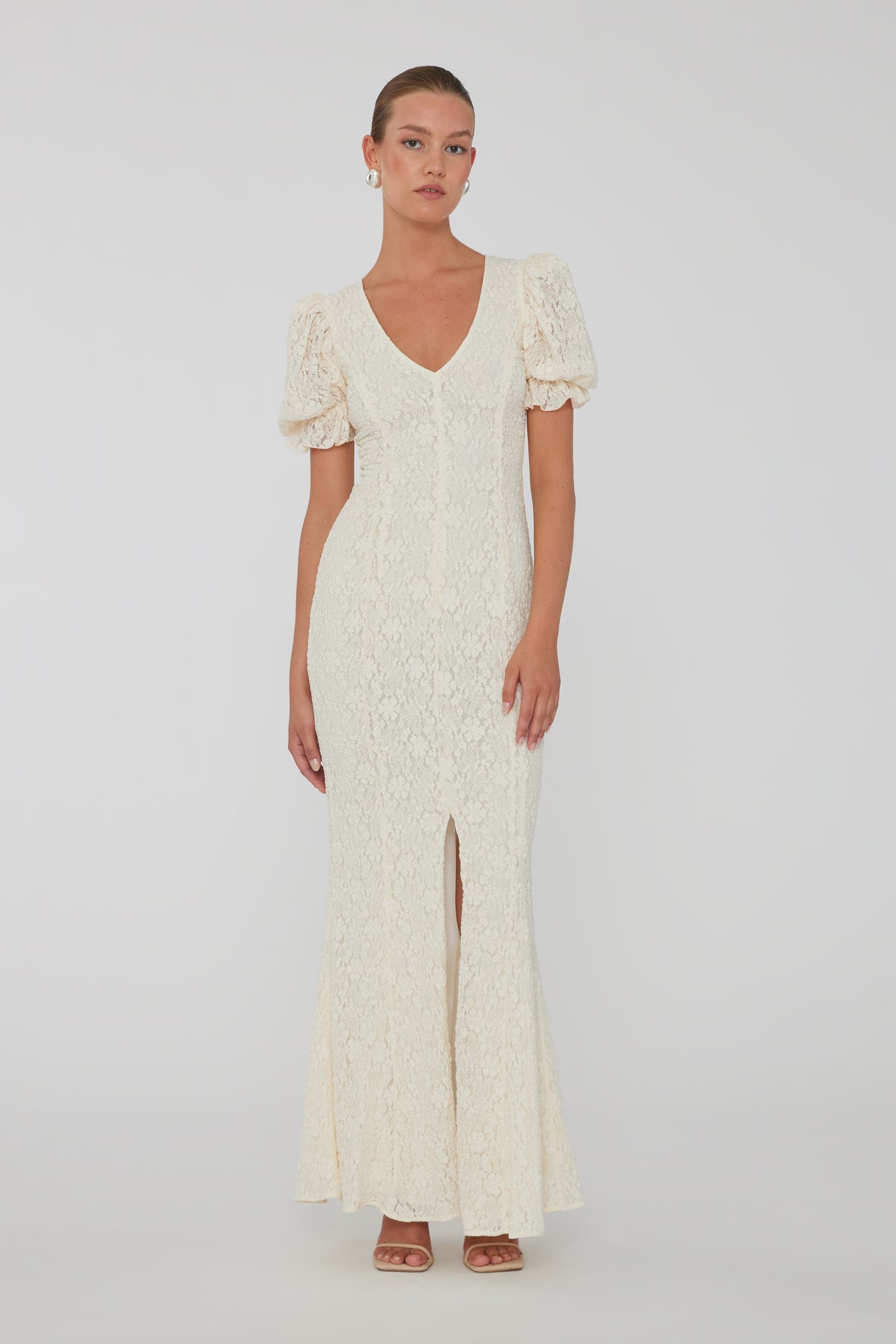 Lace Puffy Maxi Dress - Egret