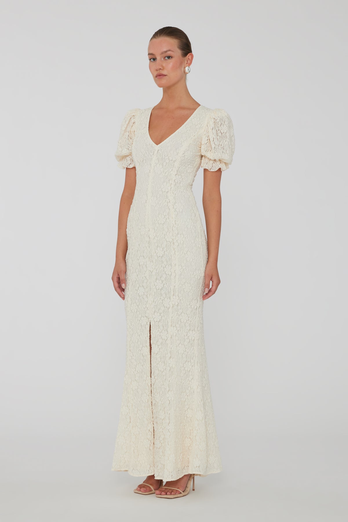 Lace Puffy Maxi Dress - Egret