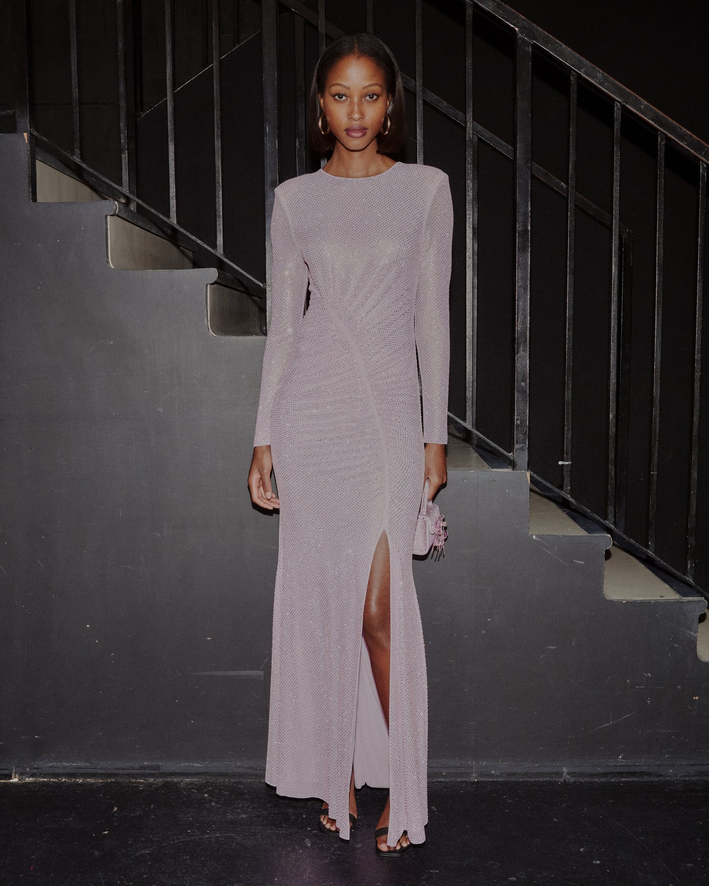 Rhinestone Mesh Maxi Dress - Pink