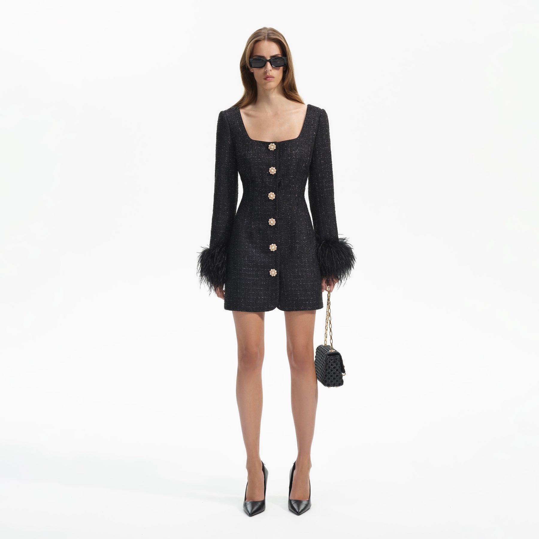 Boucle Feather Mini Dress - Black