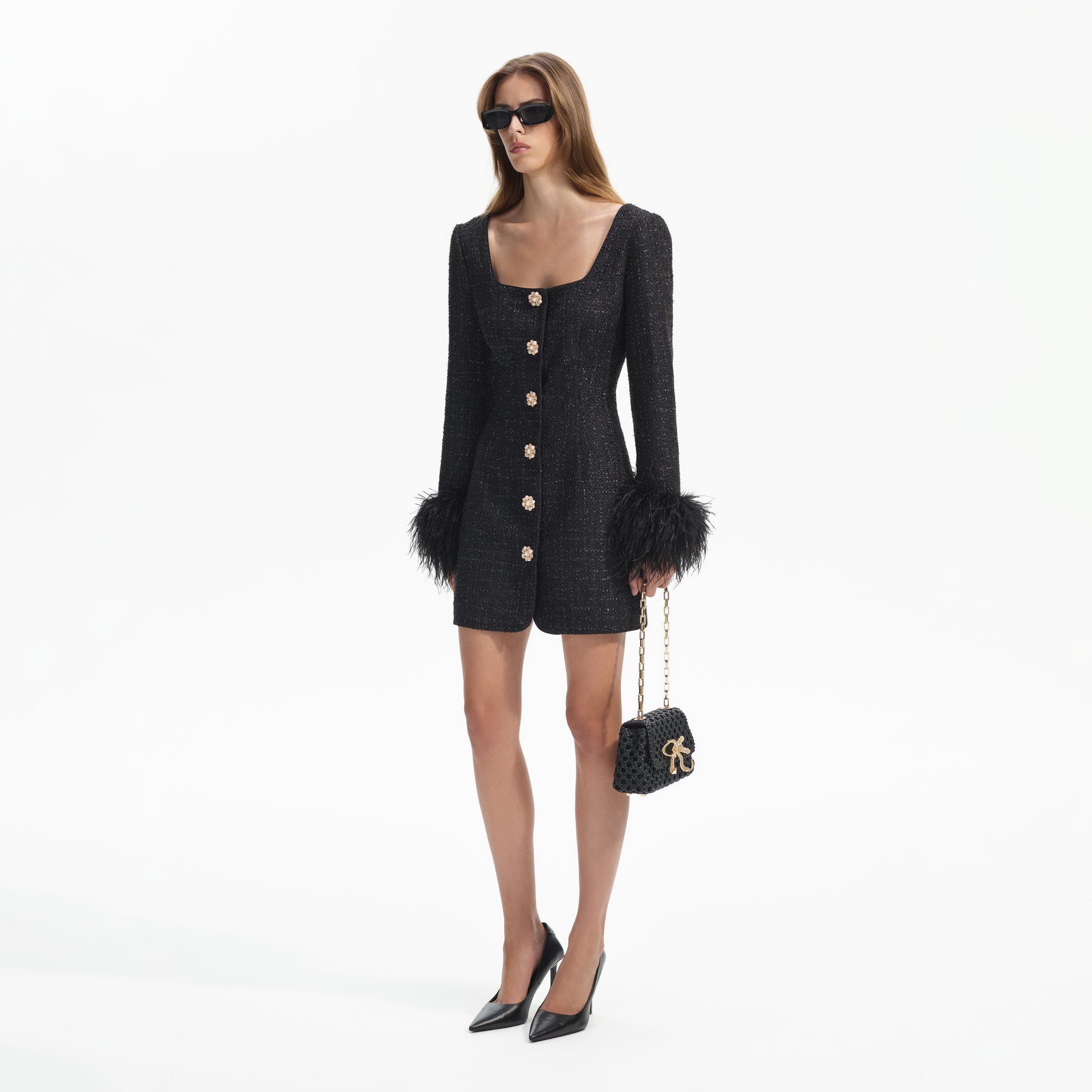 Boucle Feather Mini Dress - Black