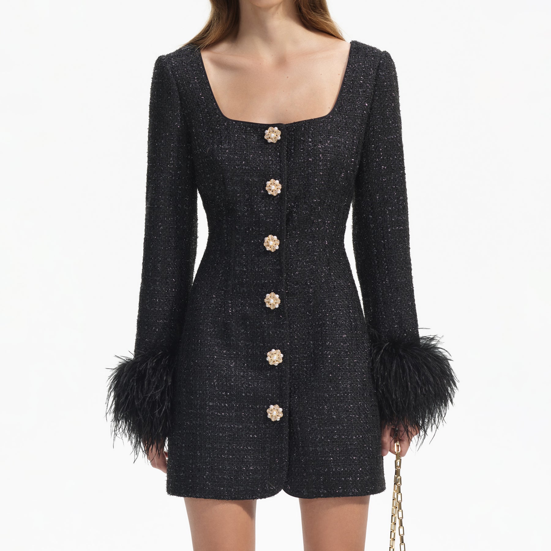 Boucle Feather Mini Dress - Black