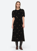 Rubina Embroidery Puff Slv Midi Dress - Black