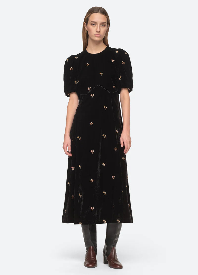 Rubina Embroidery Puff Slv Midi Dress - Black