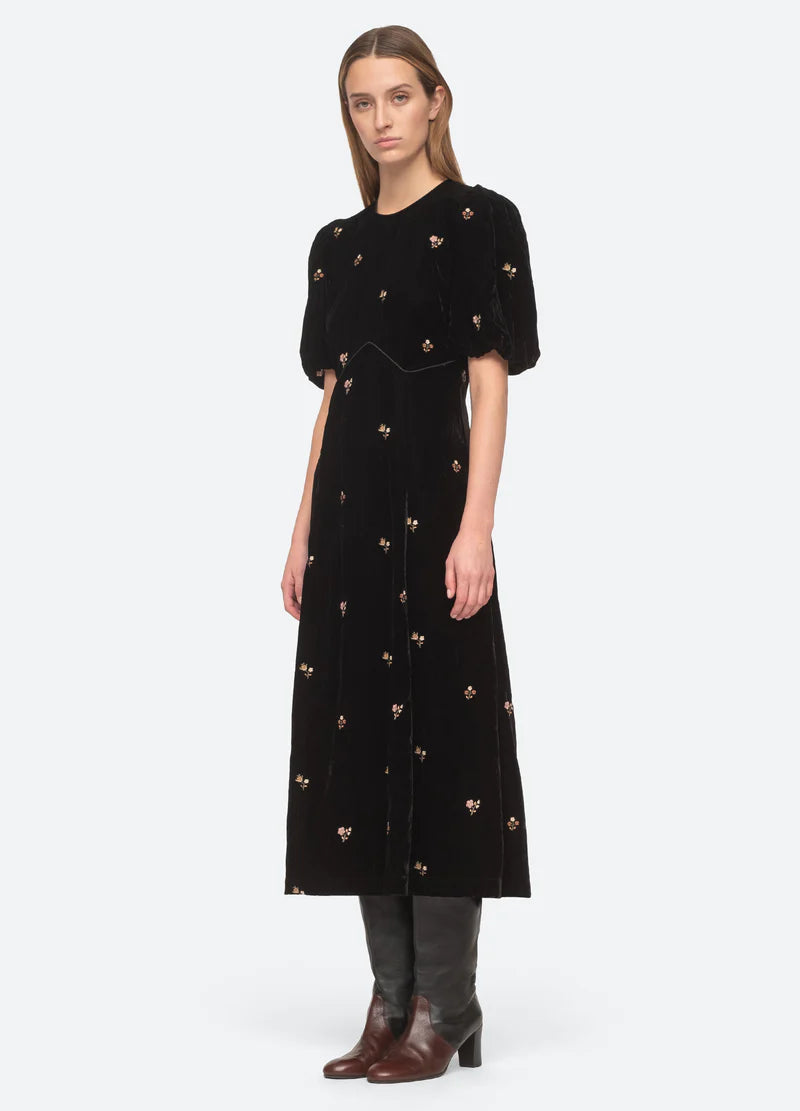 Rubina Embroidery Puff Slv Midi Dress - Black