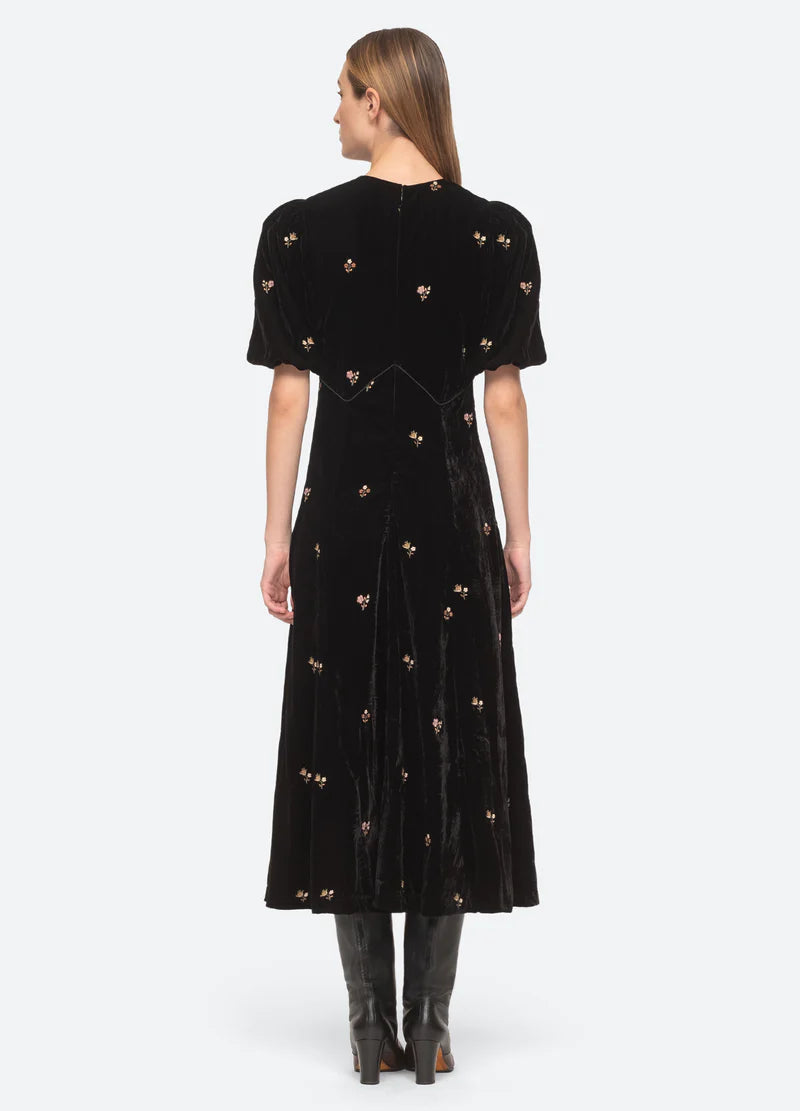 Rubina Embroidery Puff Slv Midi Dress - Black