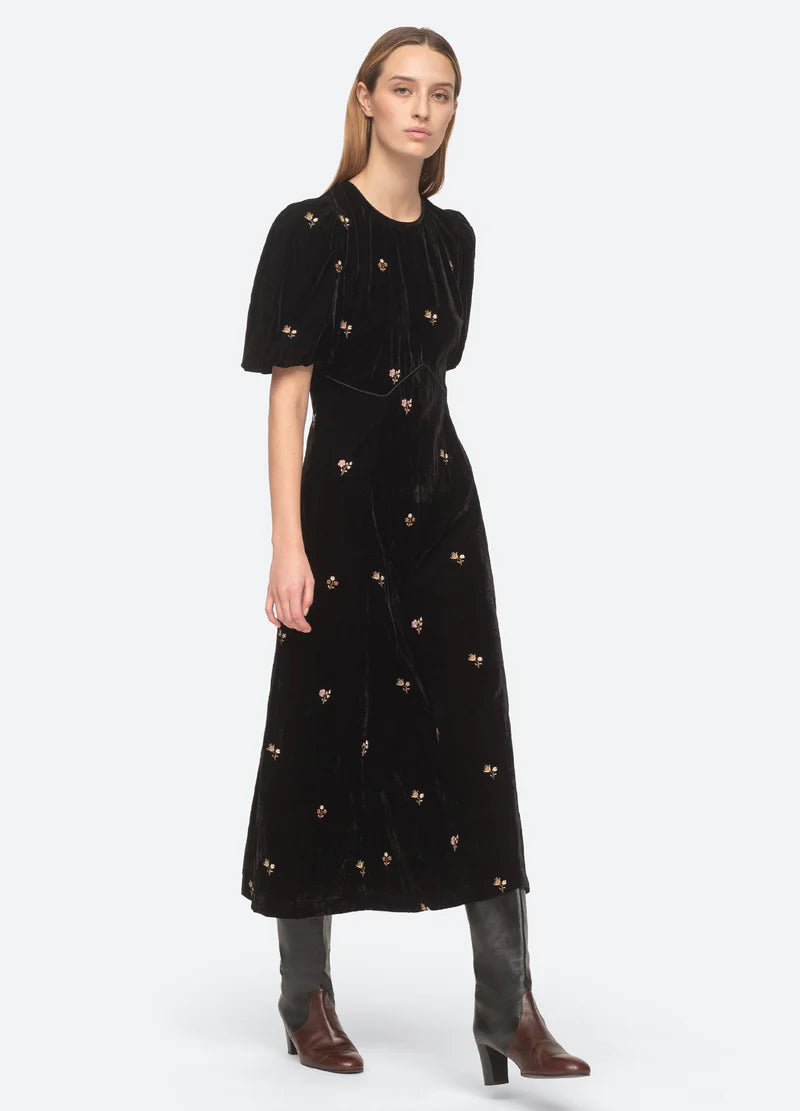 Rubina Embroidery Puff Slv Midi Dress - Black