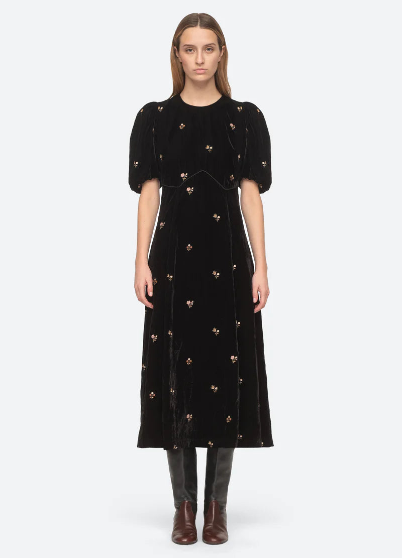 Rubina Embroidery Puff Slv Midi Dress - Black