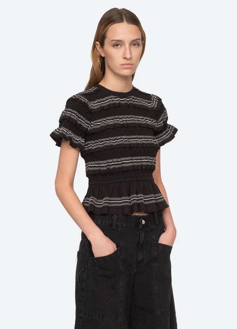 Mable Cambric S/Slv Smocked Top - Black