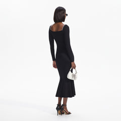 Knit Diamante Trim Midi Dress - Black