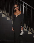 Knit Diamante Trim Midi Dress - Black
