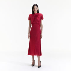 Rhinestone Mesh Midi Dress - Red