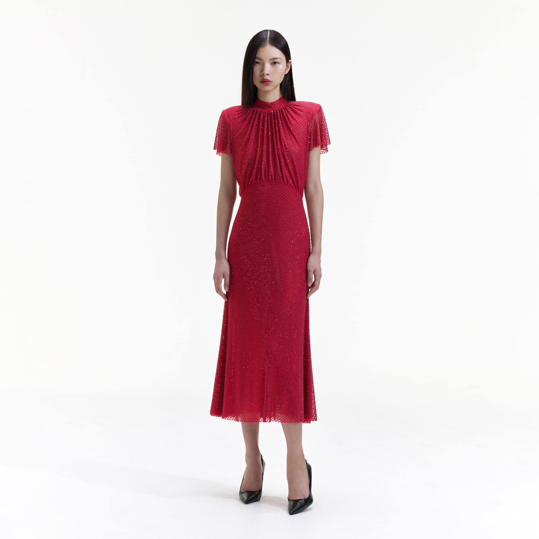 Rhinestone Mesh Midi Dress - Red