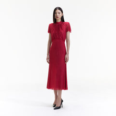 Rhinestone Mesh Midi Dress - Red