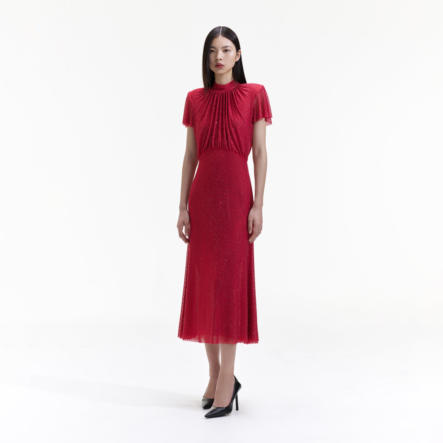 Rhinestone Mesh Midi Dress - Red