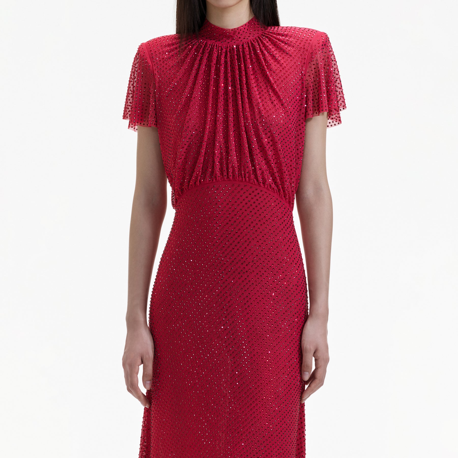 Rhinestone Mesh Midi Dress - Red