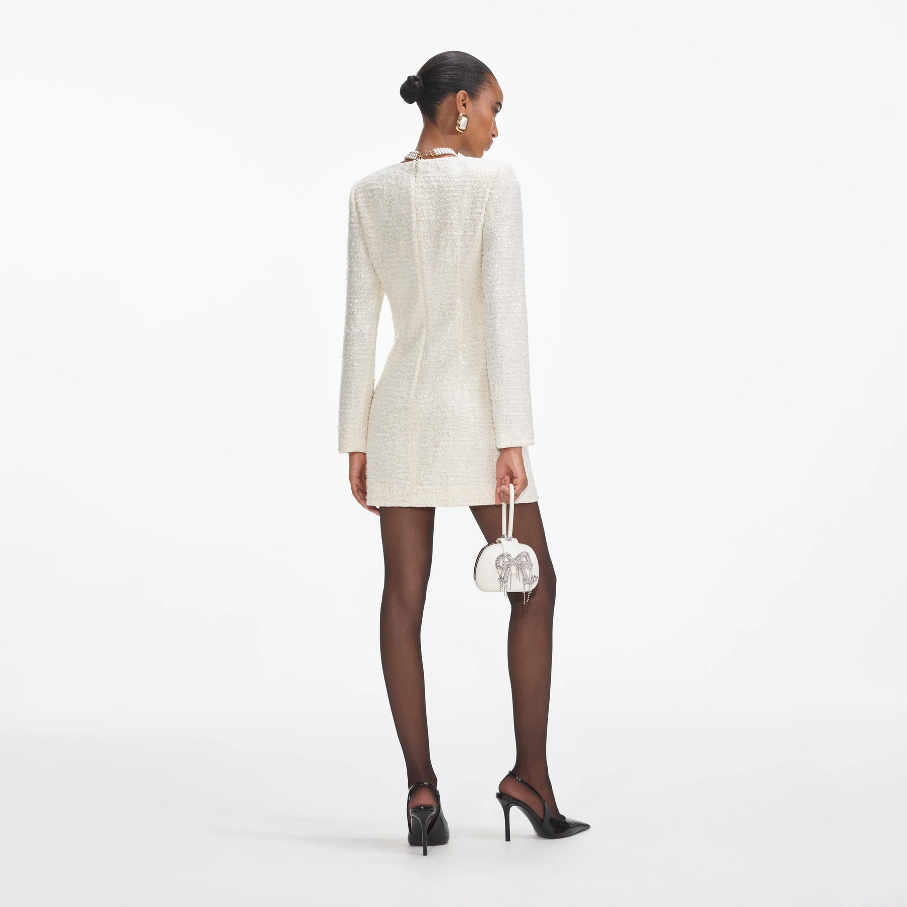 Boucle Diamante Bow Mini Dress - Cream