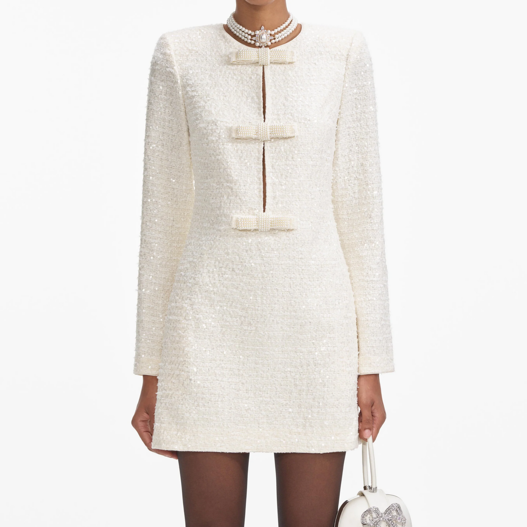 Boucle Diamante Bow Mini Dress - Cream