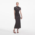 Self-Portrait Slate Rhinestone Mesh Cut Out Midi Dress - Grå