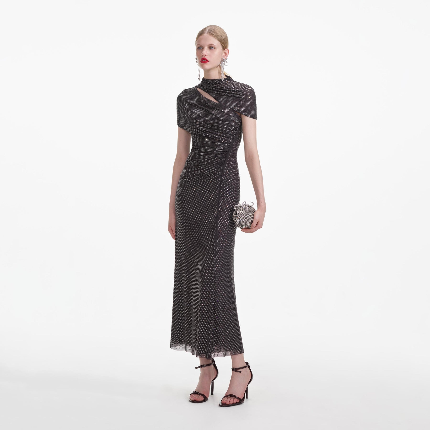 Self-Portrait Slate Rhinestone Mesh Cut Out Midi Dress - Grå