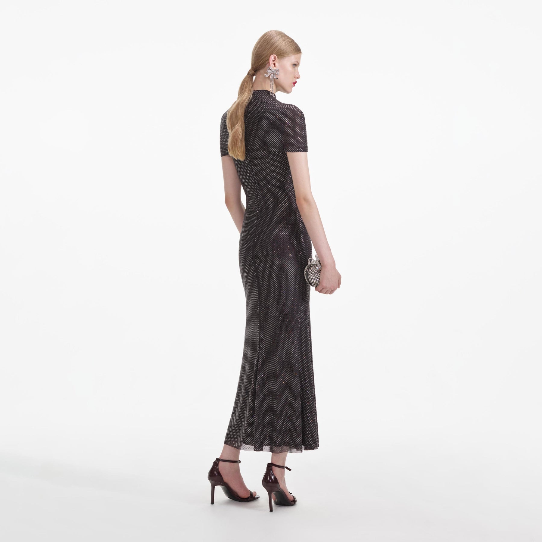 Self-Portrait Slate Rhinestone Mesh Cut Out Midi Dress - Grå