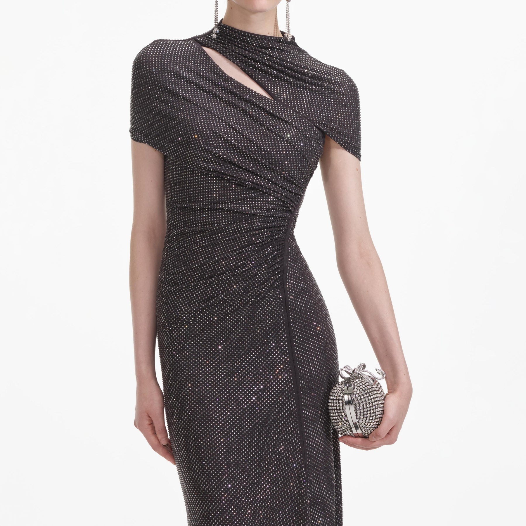 Self-Portrait Slate Rhinestone Mesh Cut Out Midi Dress - Grå