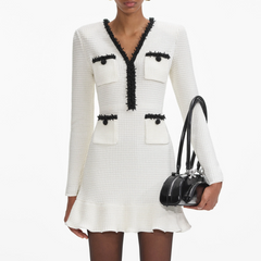 Pearl Trim Knit Mini Dress - White