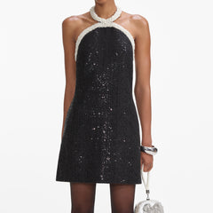Boucle Pearl Trim Mini Dress - Black