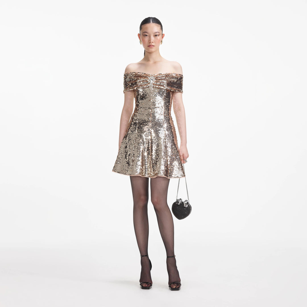 Sequin Off Shoulder Mini Dress - Gold
