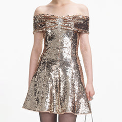 Sequin Off Shoulder Mini Dress - Gold