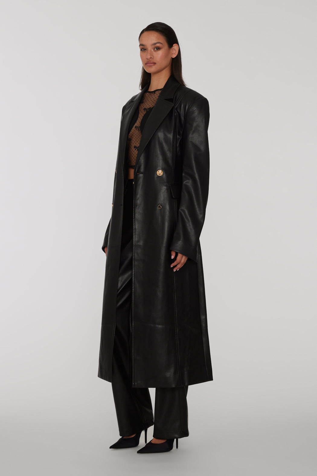 Embellished Button Coat - Black