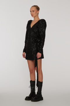 Sequins Mini Wrap Dress - Black