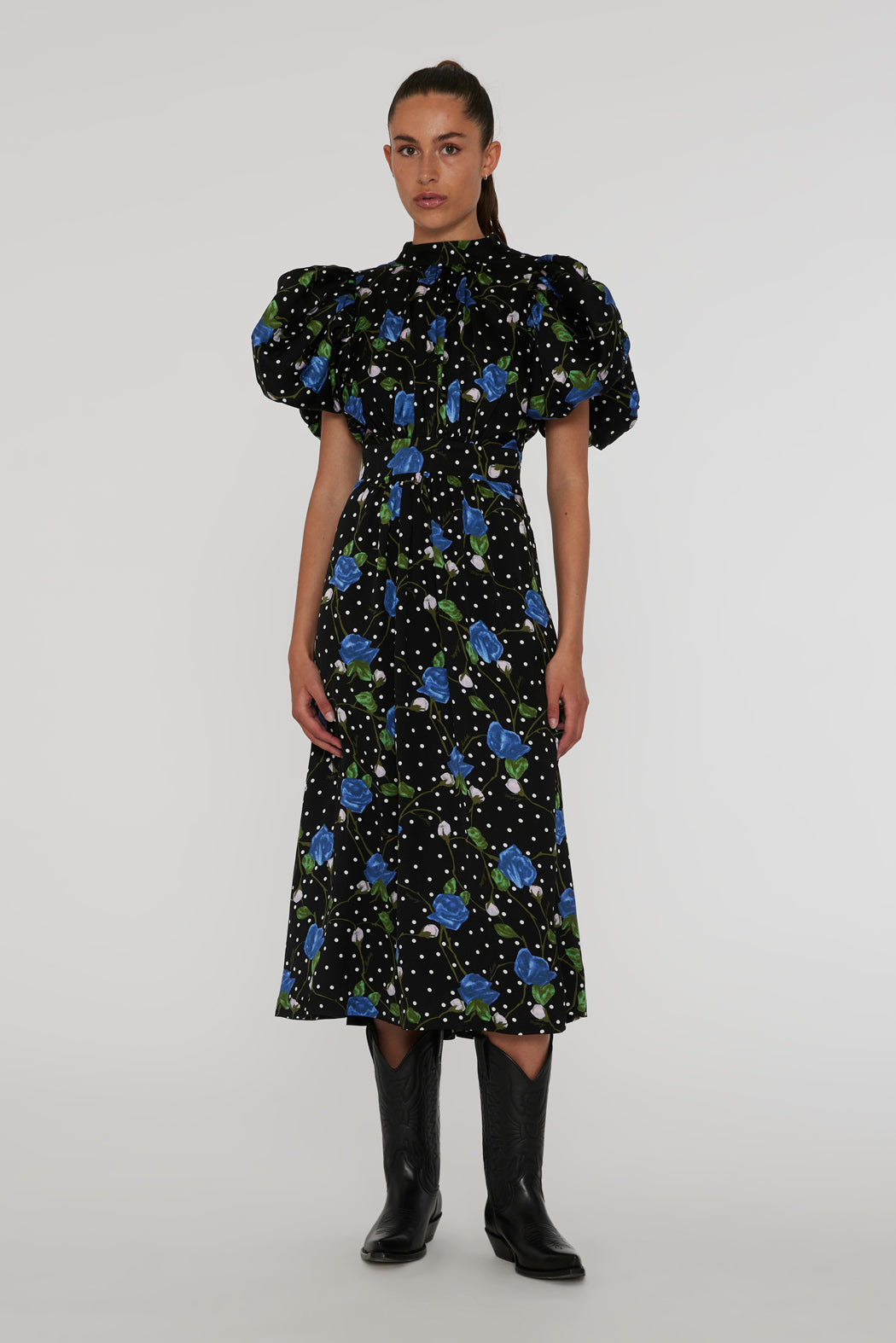 Satin Puff Sleeve Dress - Dot Stemed Rose + Tap Shoe Comb.
