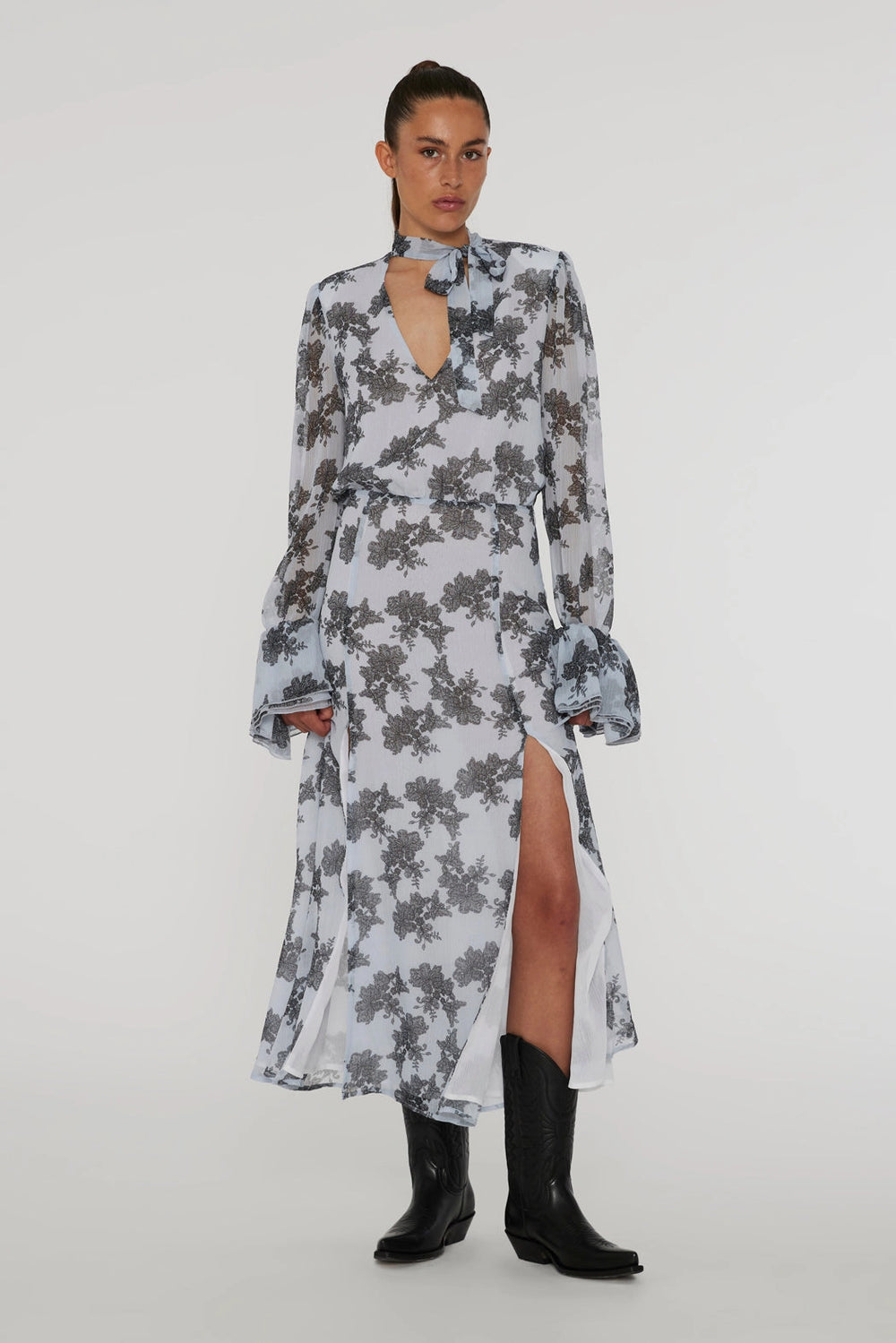 Chiffon Bow Midi Dress - Delicate Lace + Rock Ridge Comb.