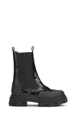 Cleated Mid Chelsea Boot Patent Croco - Black
