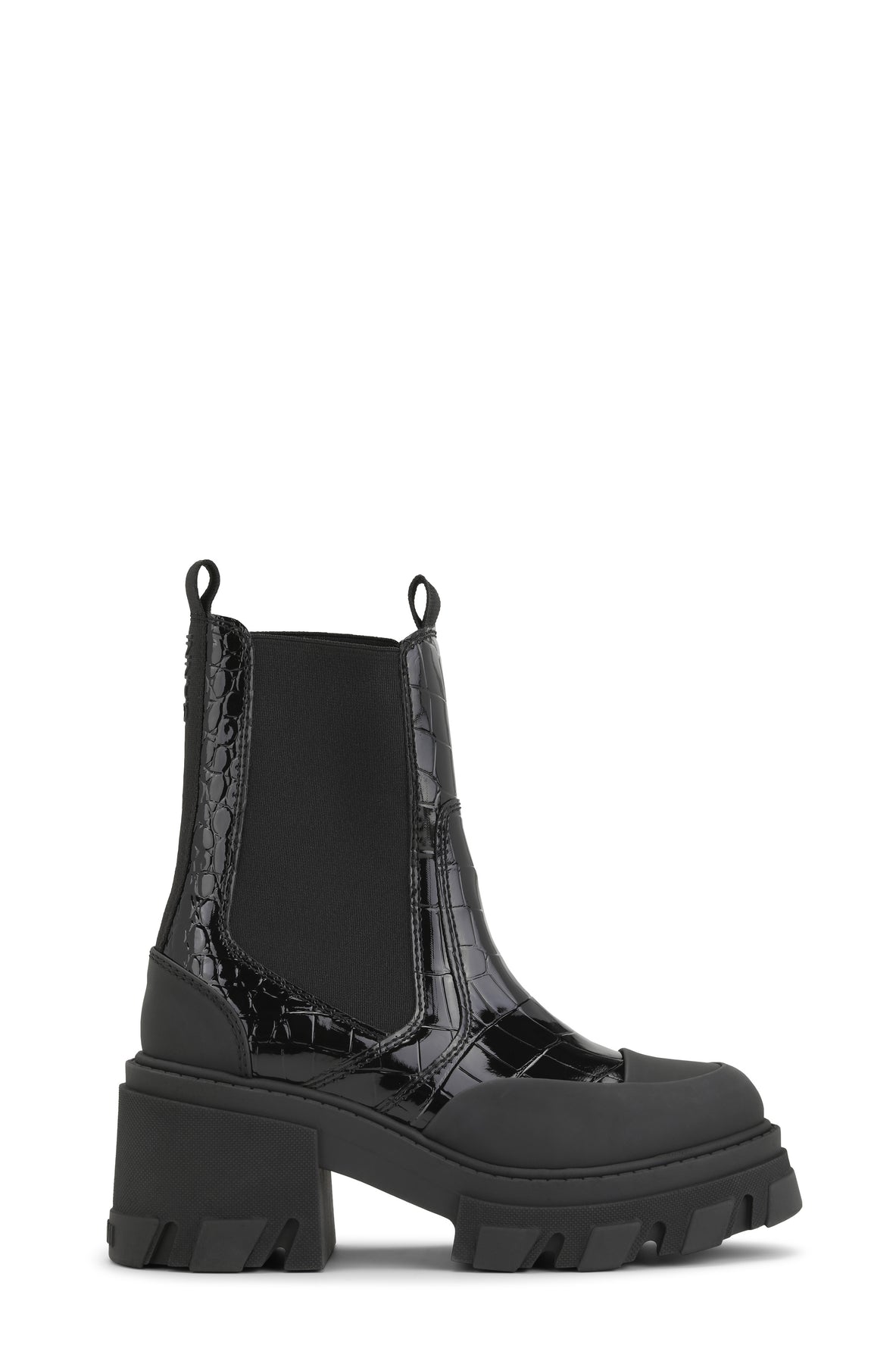 Cleated Heeled Mid Chelsea Boot Patent Croco - Black