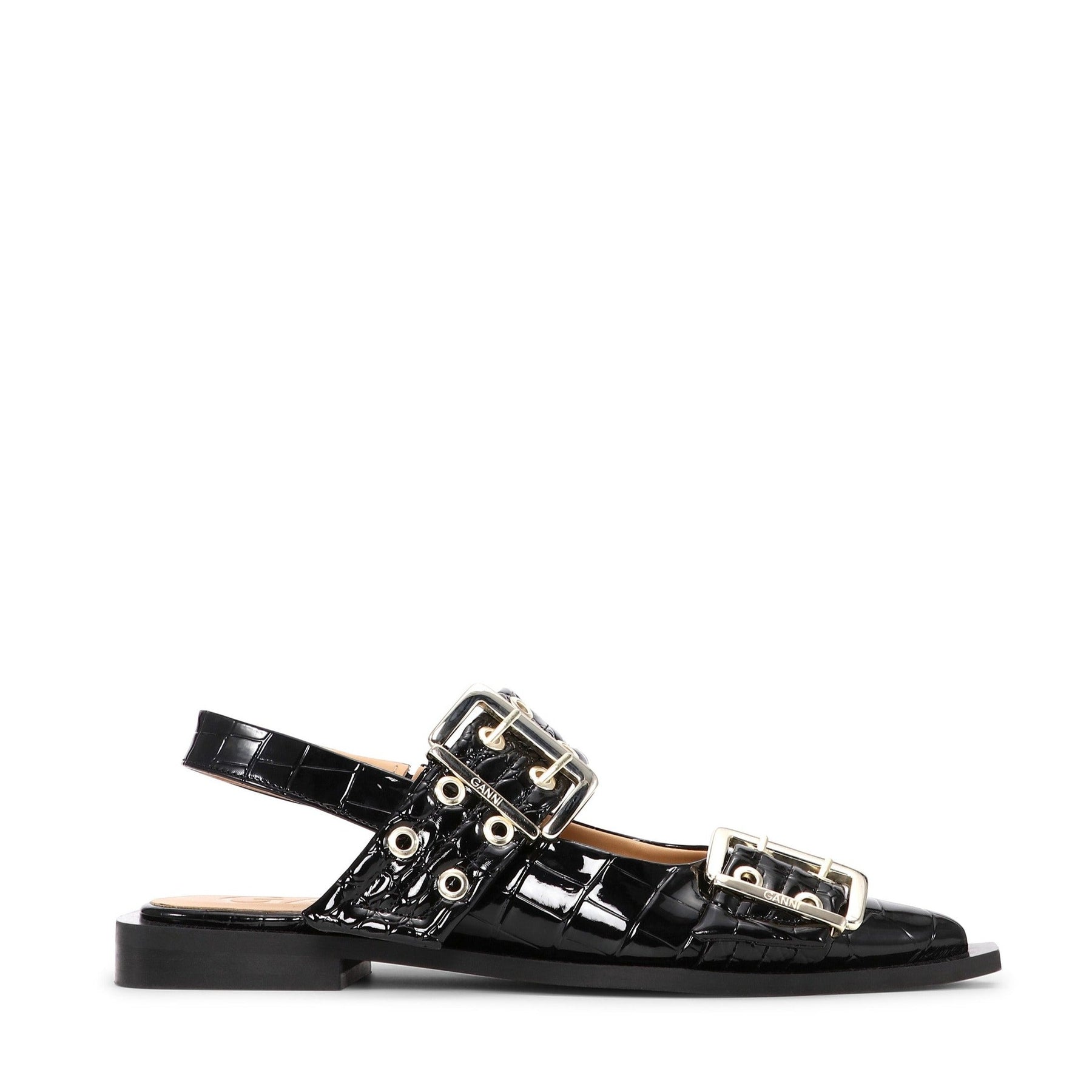 Feminine Buckle Ballerina Patent Croco - Black
