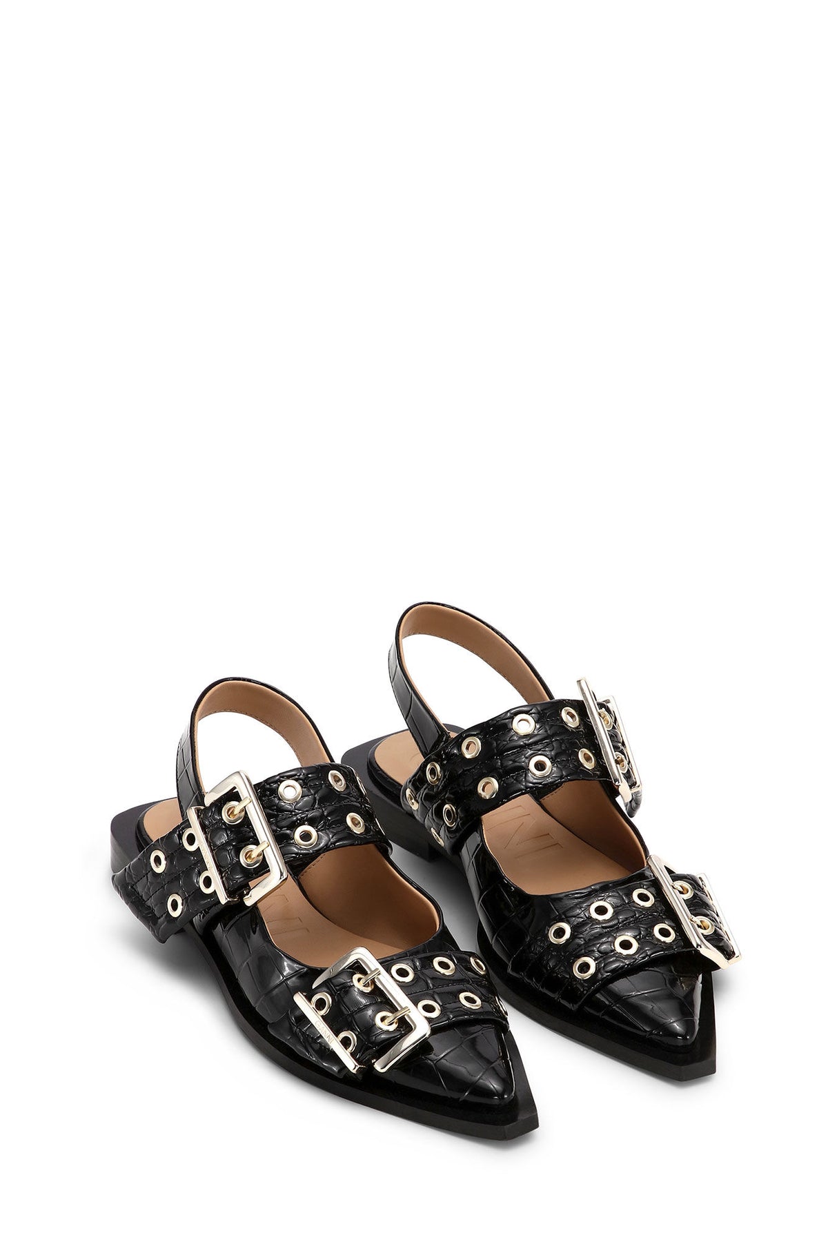 Feminine Buckle Ballerina Patent Croco - Black