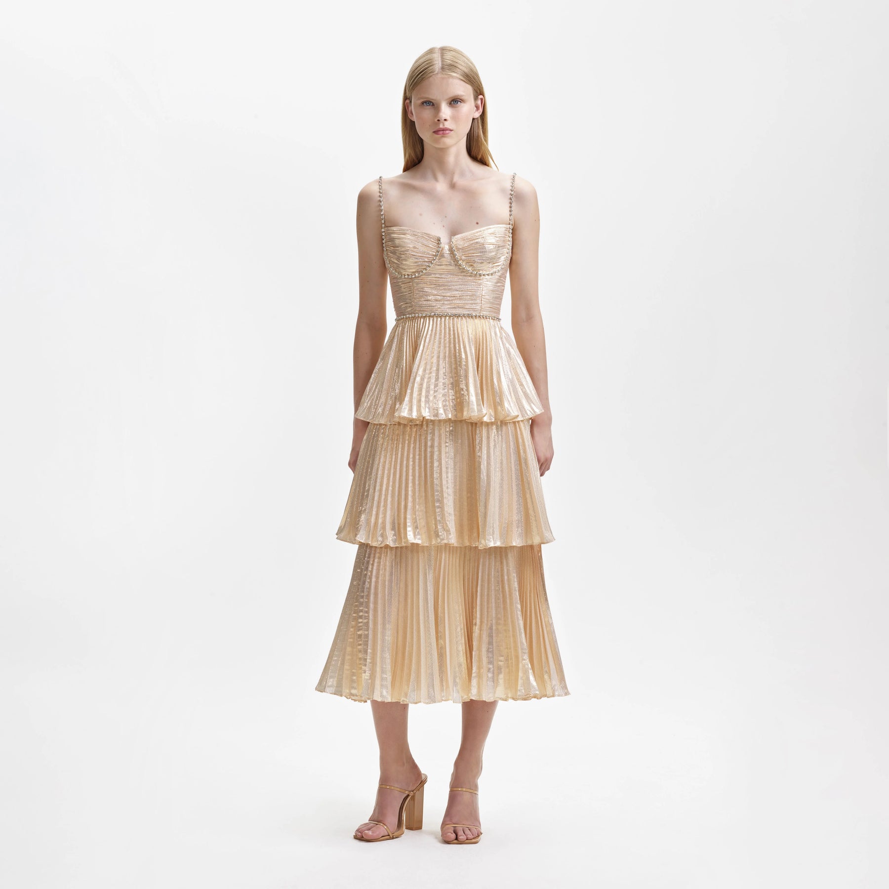 Metallic Tiered Midi Dress - Gold