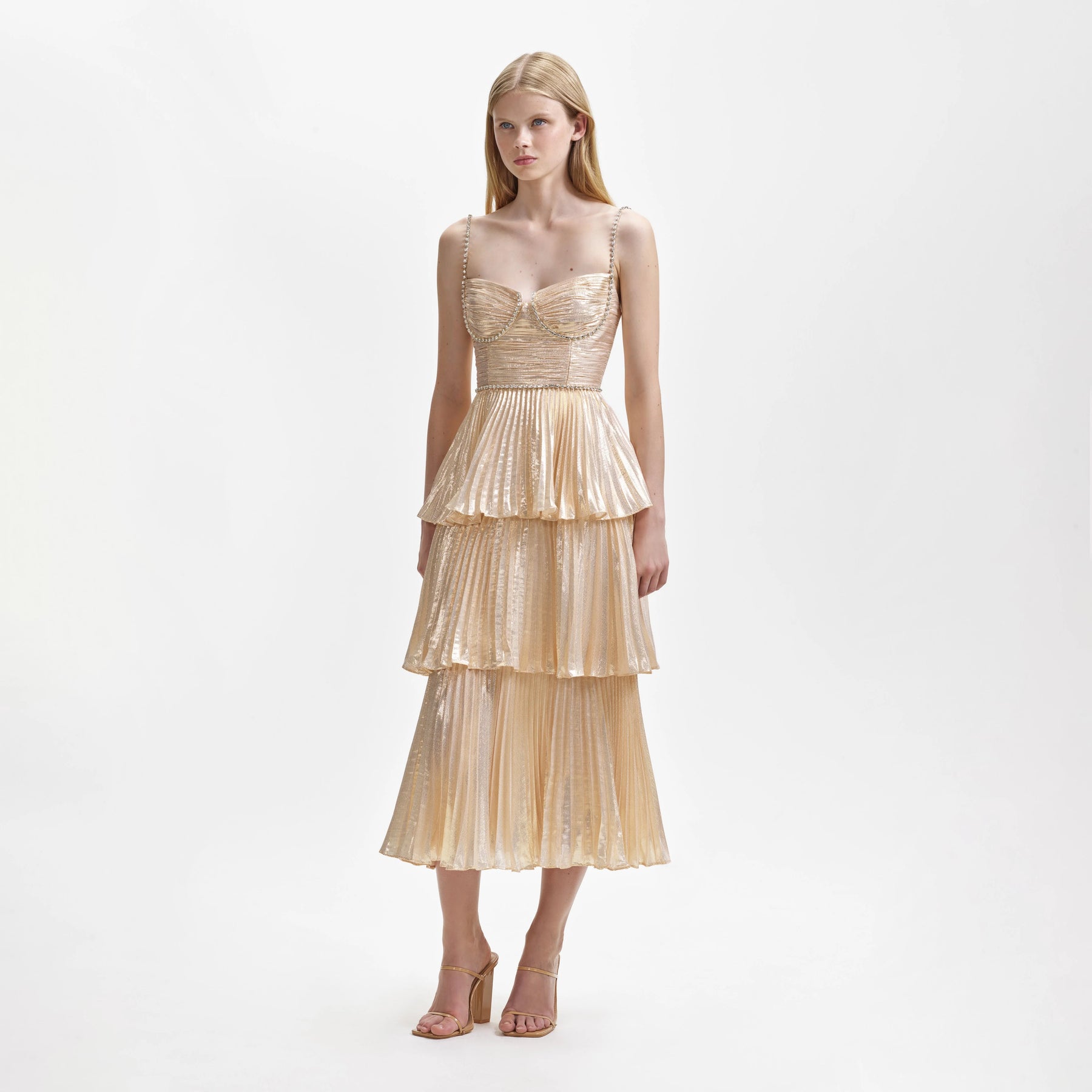 Metallic Tiered Midi Dress - Gold