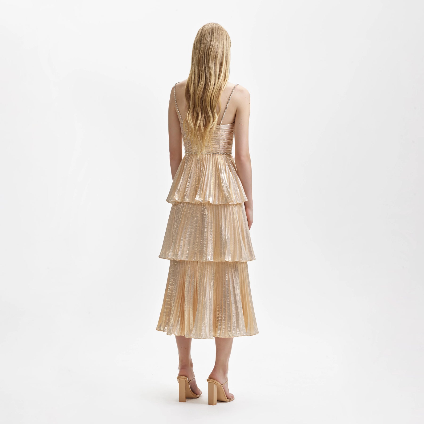 Metallic Tiered Midi Dress - Gold
