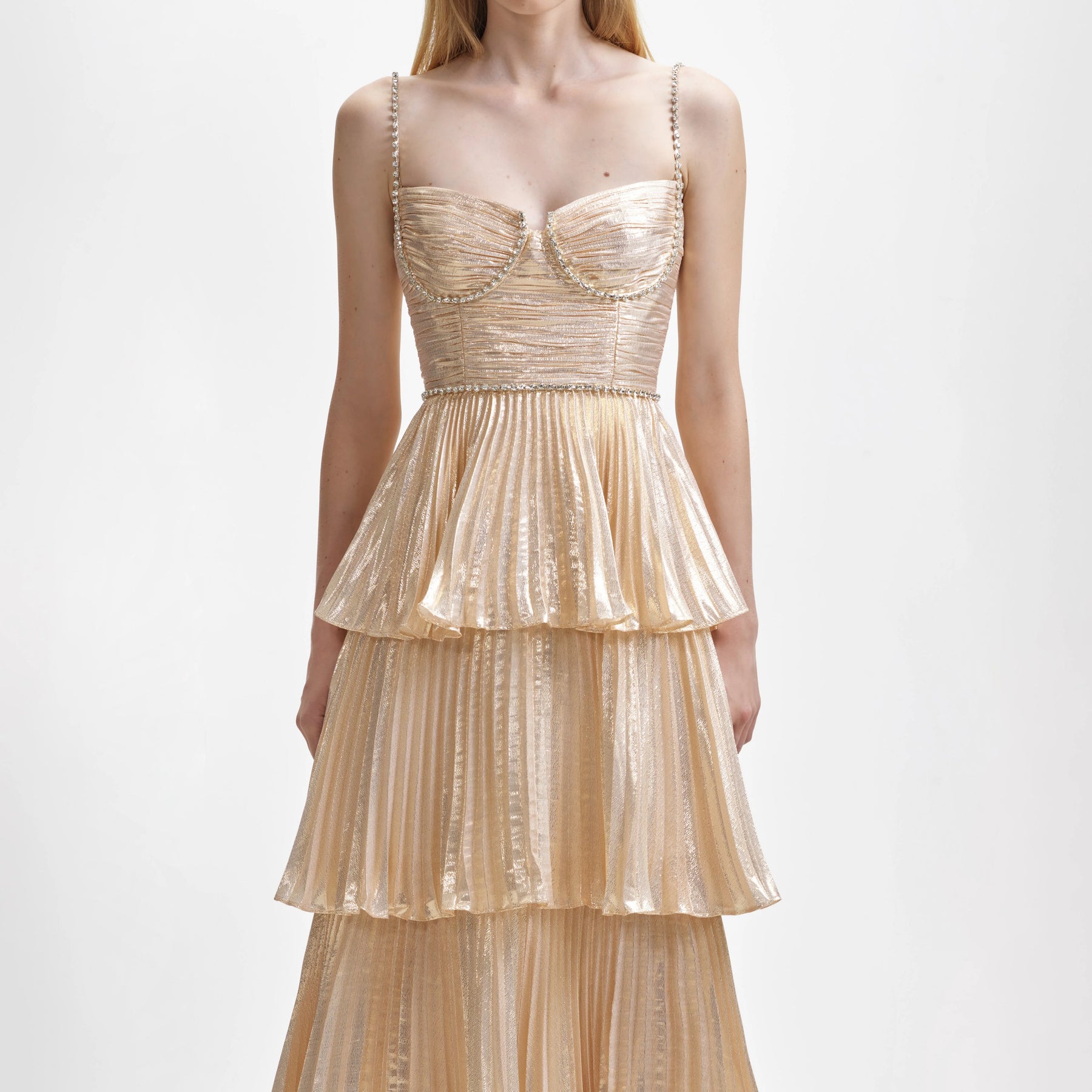 Metallic Tiered Midi Dress - Gold