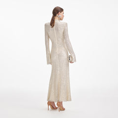 Square Rhinestone Fishnet Midi Dress - Cream