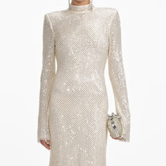 Square Rhinestone Fishnet Midi Dress - Cream