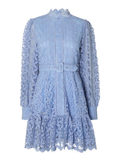 Silja LS Embroidery Short Dress Solid - Blue Heron