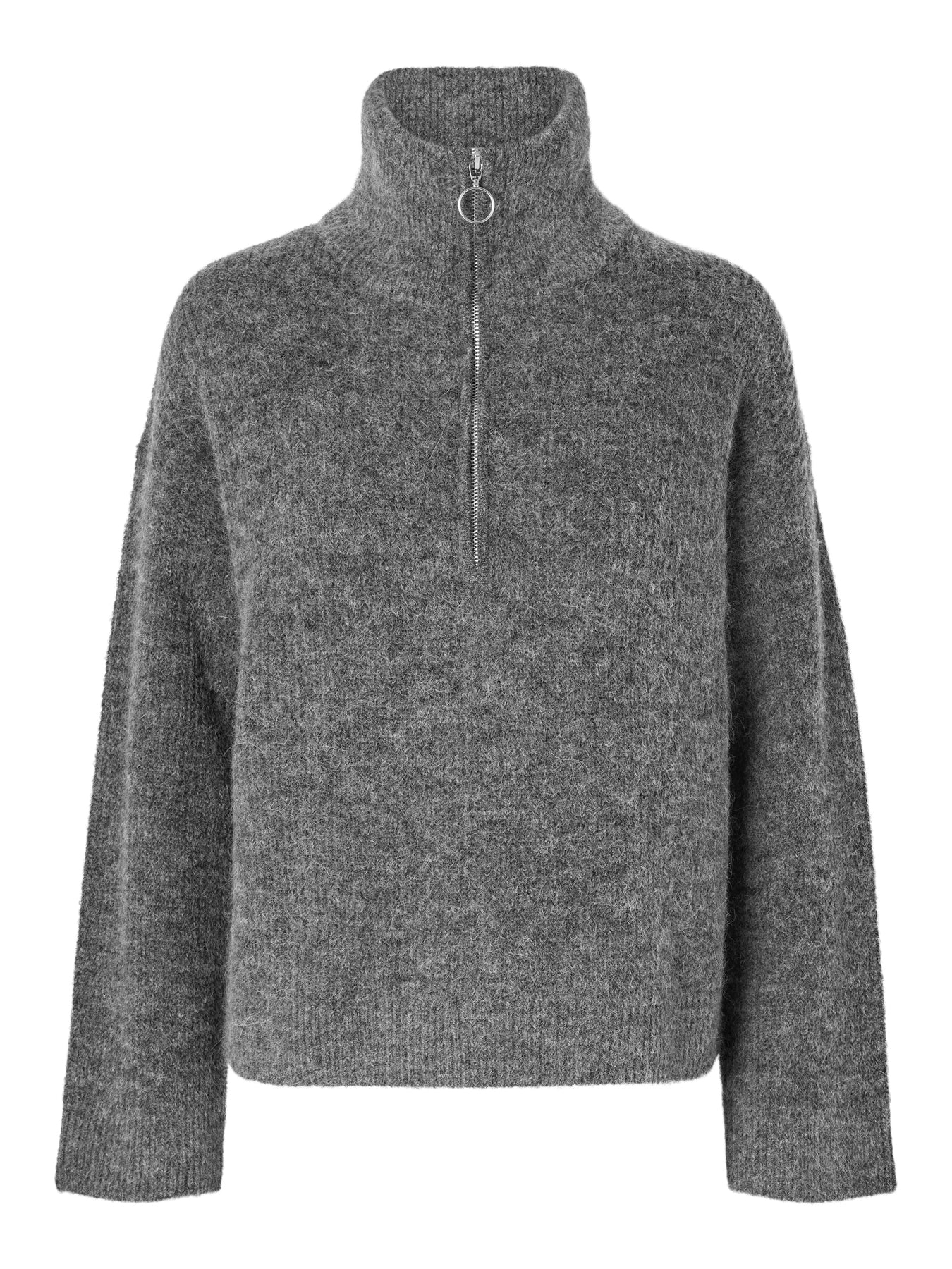 Selected Femme Sia Ras Ls Knit Half Zipper Ex - Medium Grey Melange