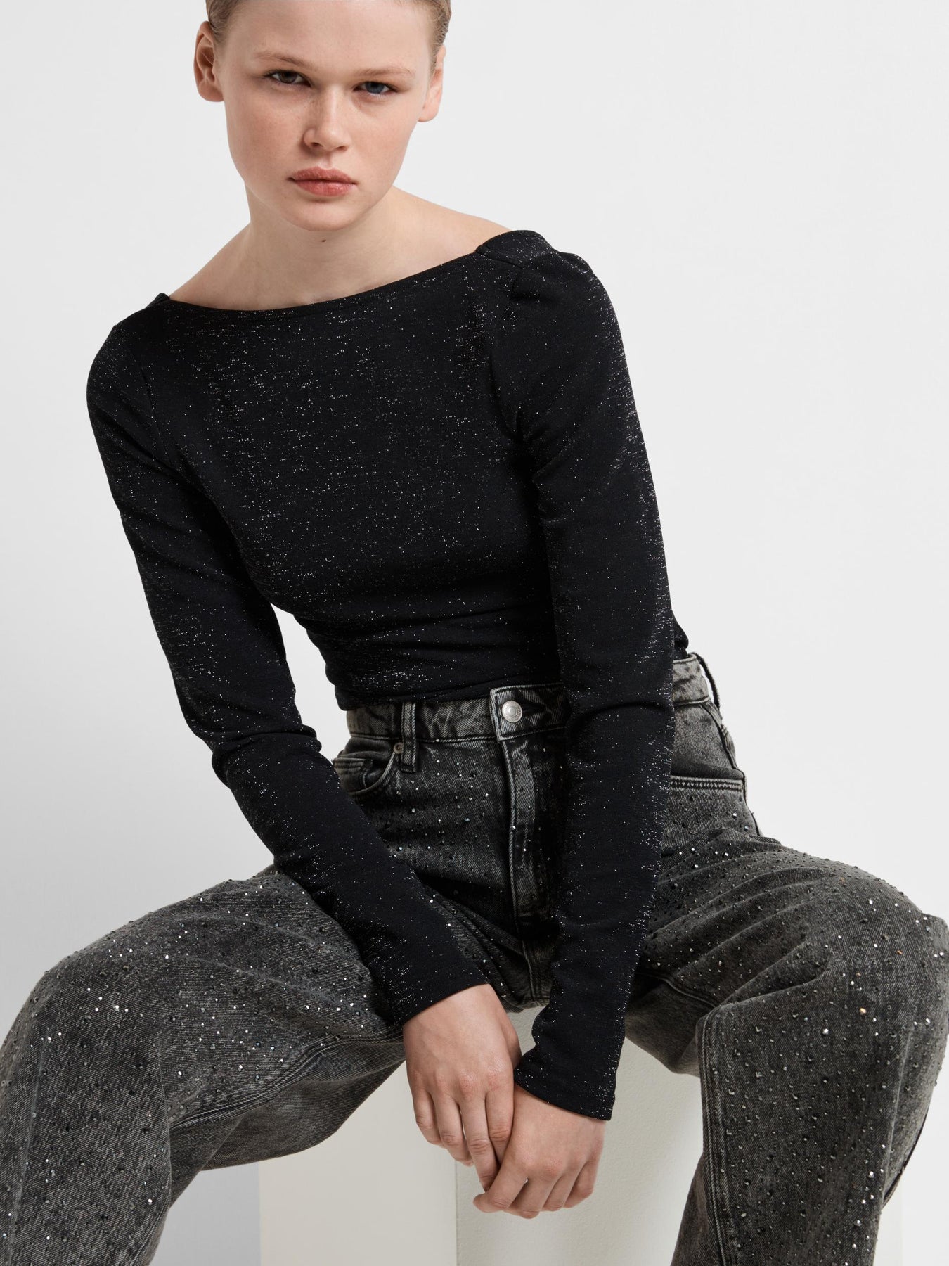 Marley-Dia Hw Dark Grey Wide Jeans - Dark Grey Denim Diamond Surface
