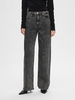 Marley-Dia Hw Dark Grey Wide Jeans - Dark Grey Denim Diamond Surface