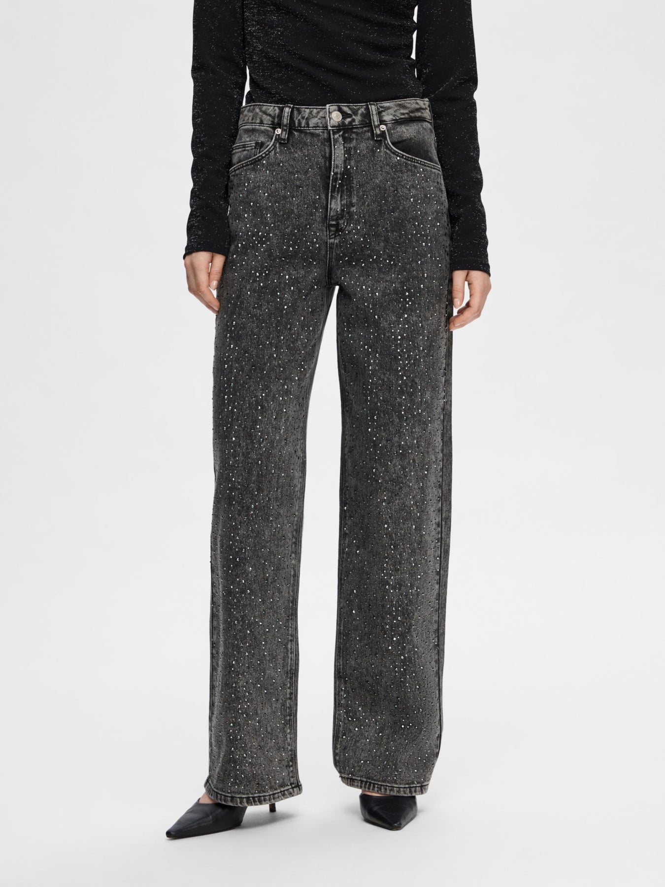 Marley-Dia Hw Dark Grey Wide Jeans - Dark Grey Denim Diamond Surface