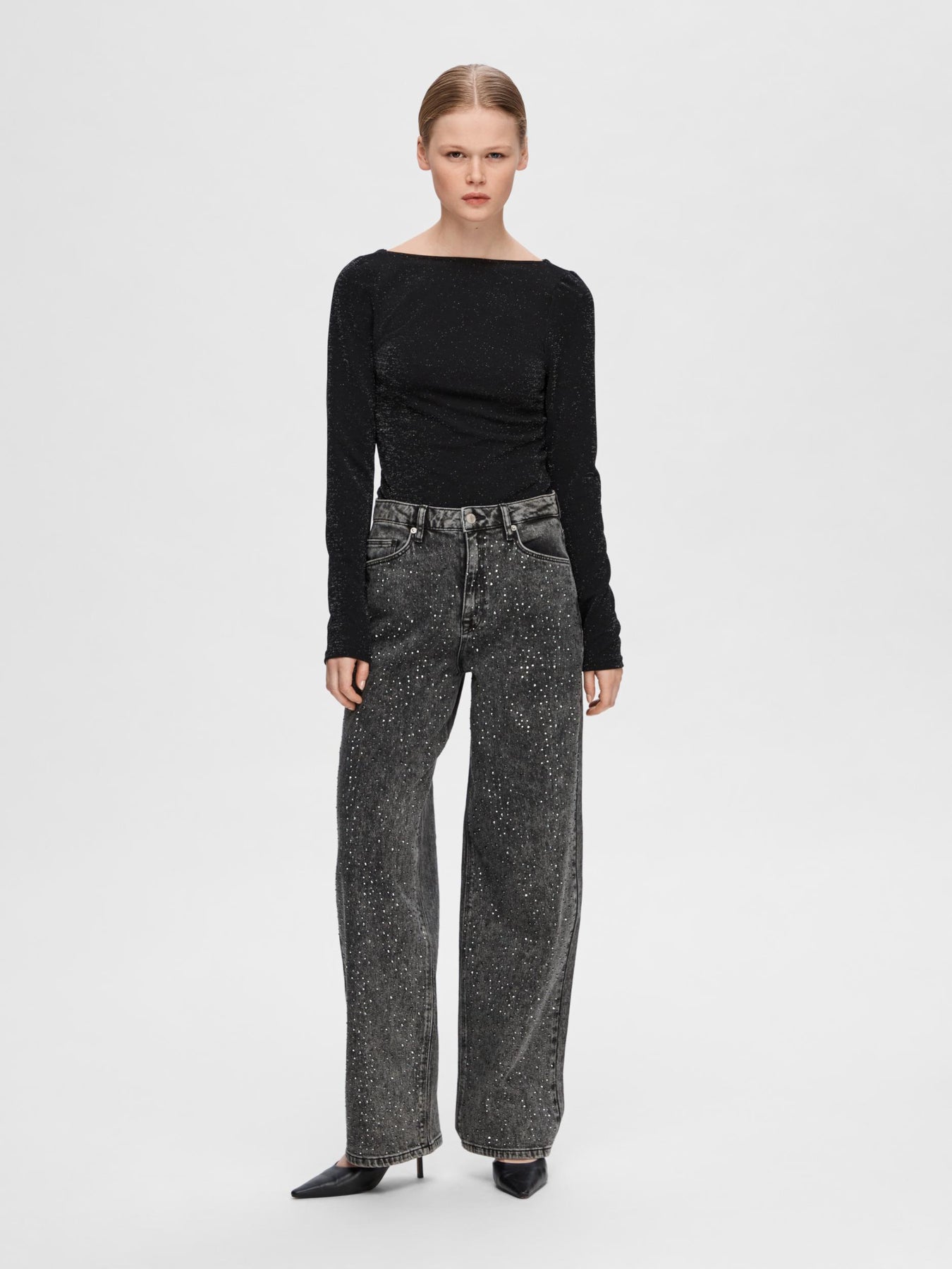 Marley-Dia Hw Dark Grey Wide Jeans - Dark Grey Denim Diamond Surface